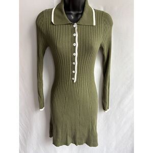 Knit Button Front Mini Dress Flare Army Green S Preppy Academia Office Career